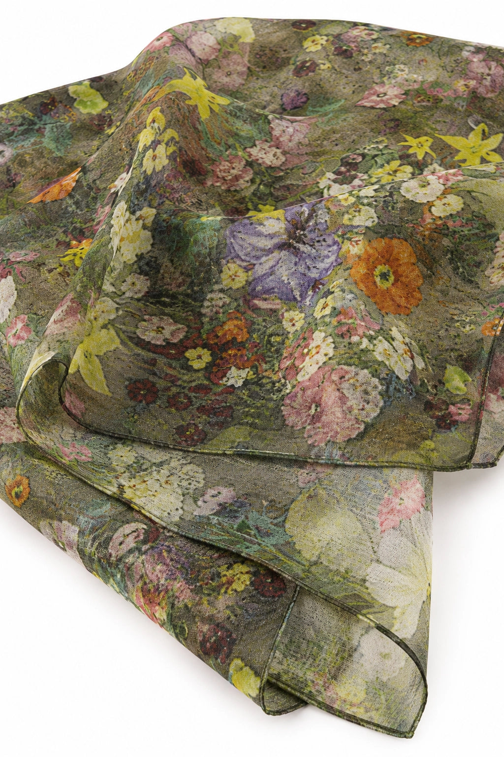 A lightweight sheer scarf with a dense, painterly floral print in muted earthy tones of olive green, purple, pink, yellow, and orange, folded neatly on a white background.