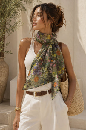 A woman models a green floral scarf with yellow, orange, and purple flowers, styled around her neck over a white tank top and white pants.