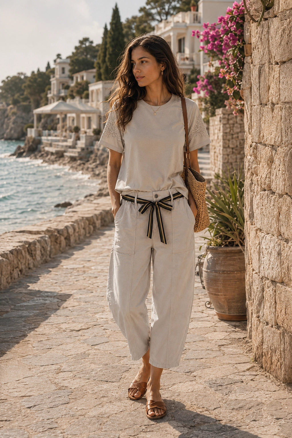 A woman stands on a sunlit stone walkway by the sea, wearing a loose white short-sleeve top and matching wide-leg pants with a black ribbon tie at the waist, along with brown sandals and a woven shoulder bag.