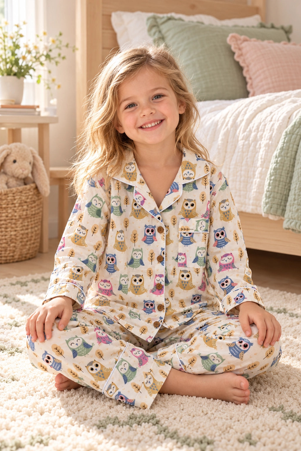 A young girl with blonde hair sits cross-legged on a cream rug in a cozy bedroom, wearing a pajama set with an all-over owl print. The pajamas have a warm cream base with colorful owls in shades of blue, green, purple, and brown.