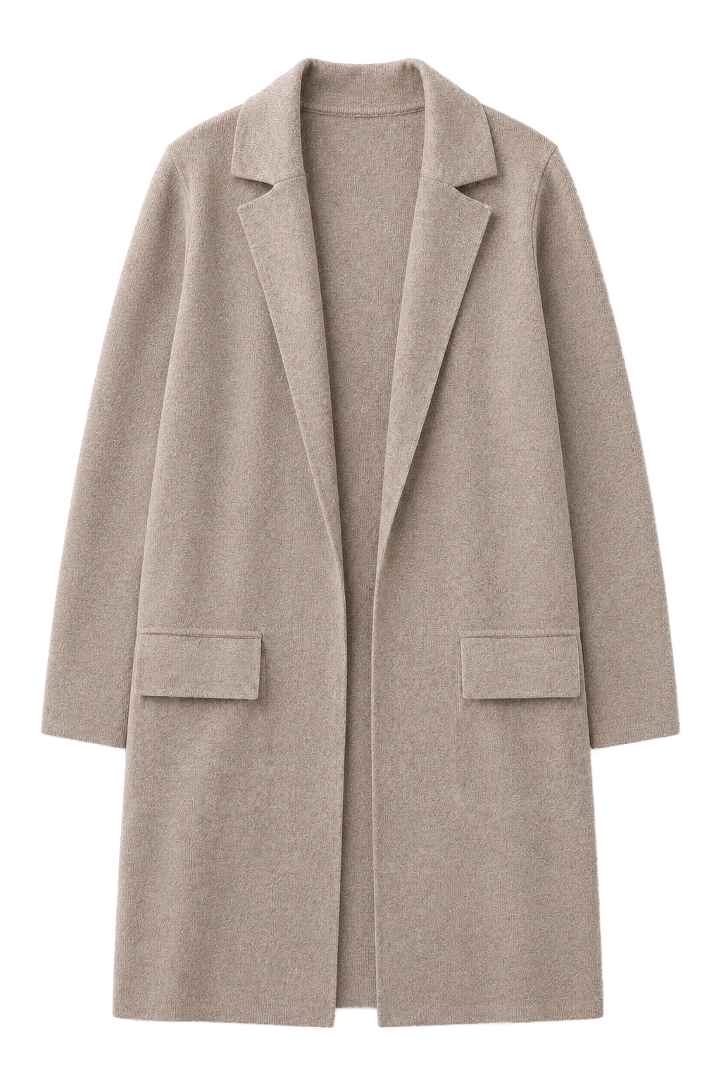 A light taupe wool-blend coat with notch lapels and flap pockets, shown on a plain white background.