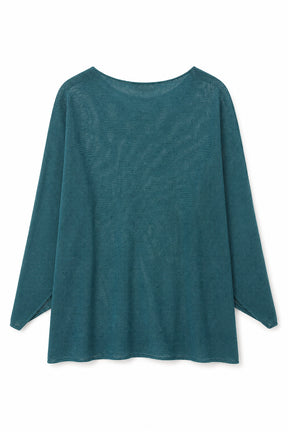A teal blue-green long-sleeve knit top with a wide boat neckline, displayed against a plain white background.
