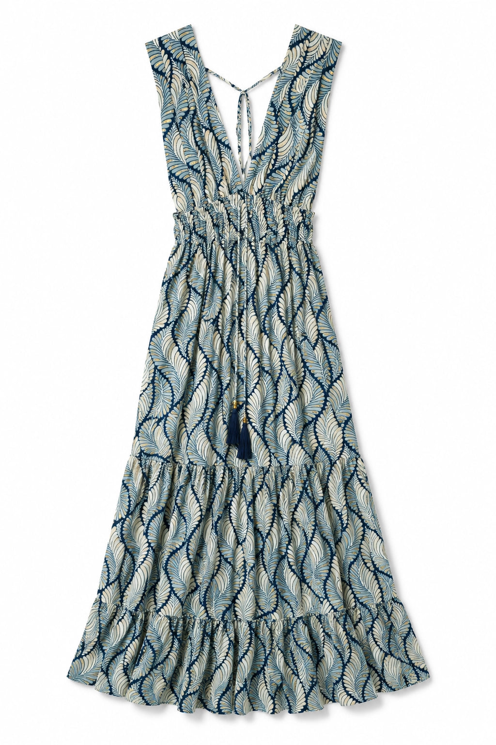A sleeveless maxi dress with a tiered ruffle skirt, featuring a blue and beige wavy pattern, a deep V-neckline with tie-back straps, and a small tassel detail at the waist, shown against a plain white background.