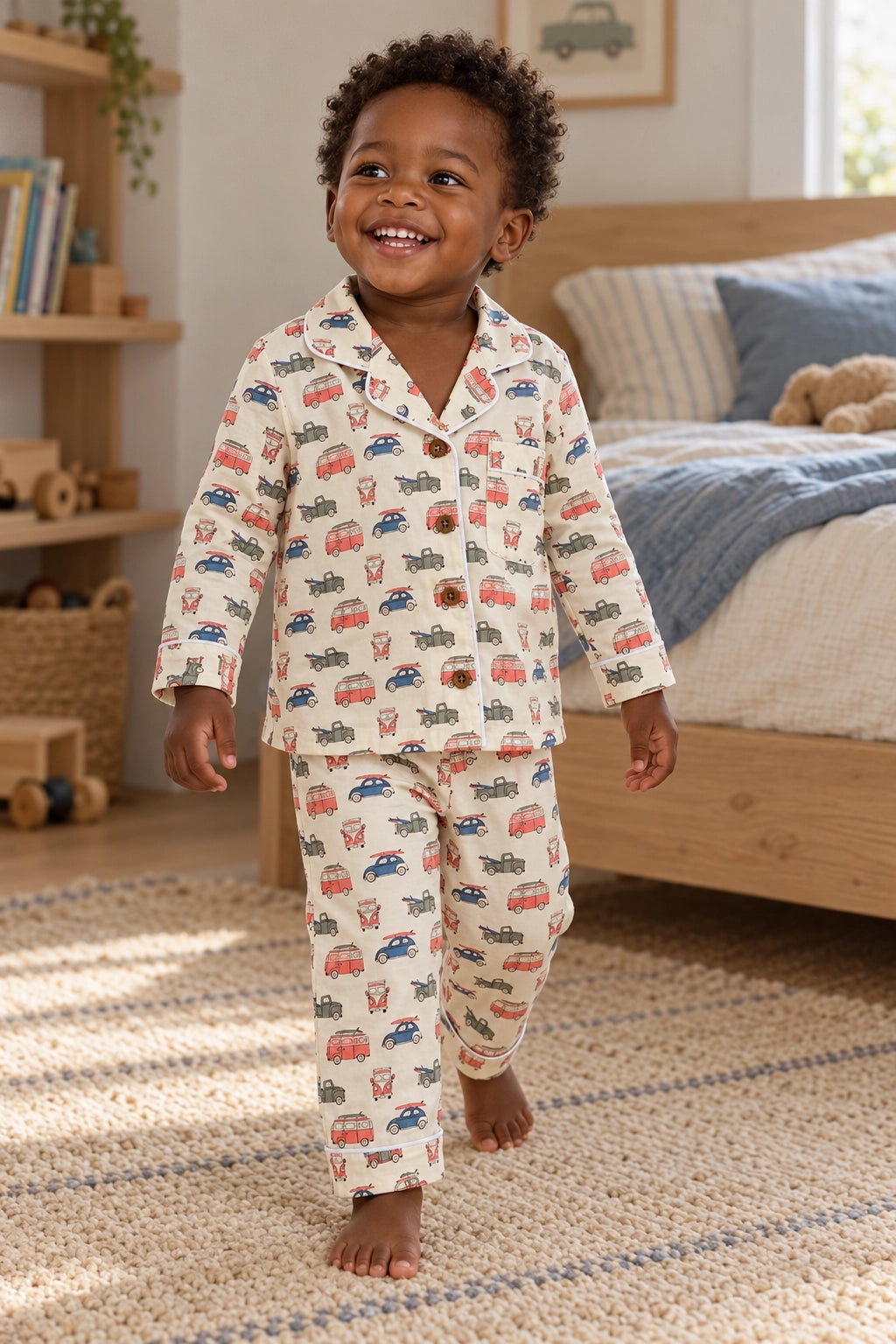 A smiling toddler walking barefoot in a child's bedroom, wearing a cream-colored pajama set with a colorful pattern of vintage cars and trucks.