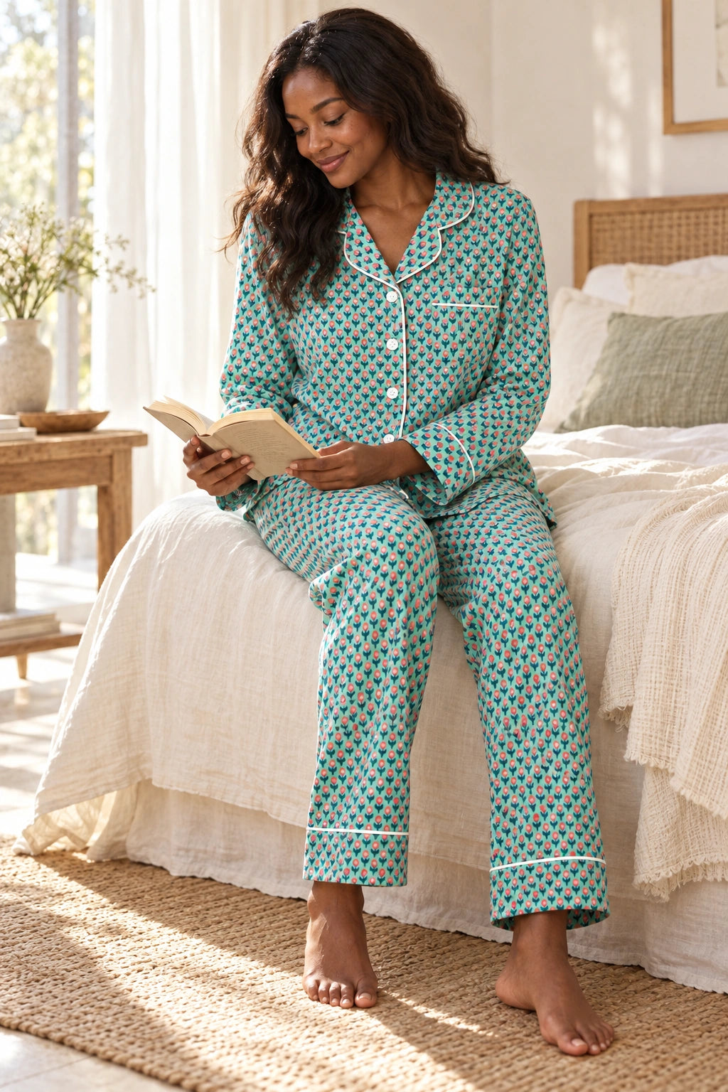 Aqua and Coral Floral Printed Cotton Long Sleeve PJ