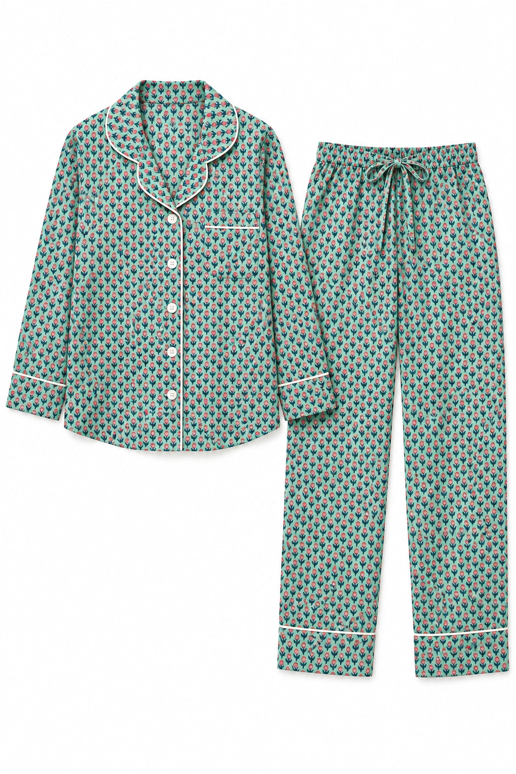 Aqua and Coral Floral Printed Cotton Long Sleeve PJ