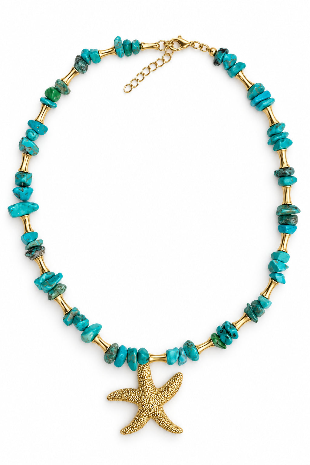 A gold-tone necklace featuring a textured starfish pendant at the center, flanked by turquoise and green stone chips separated by gold spacer beads, displayed on a clean white background.