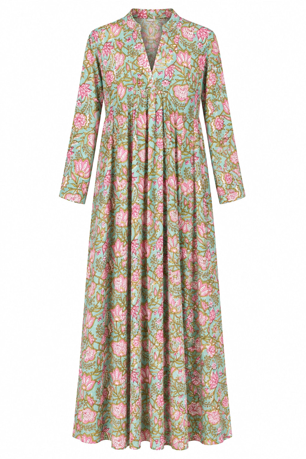 A long-sleeve maxi dress with a V-neckline and an all-over floral print in pink, green, and beige tones, shown against a plain white background.