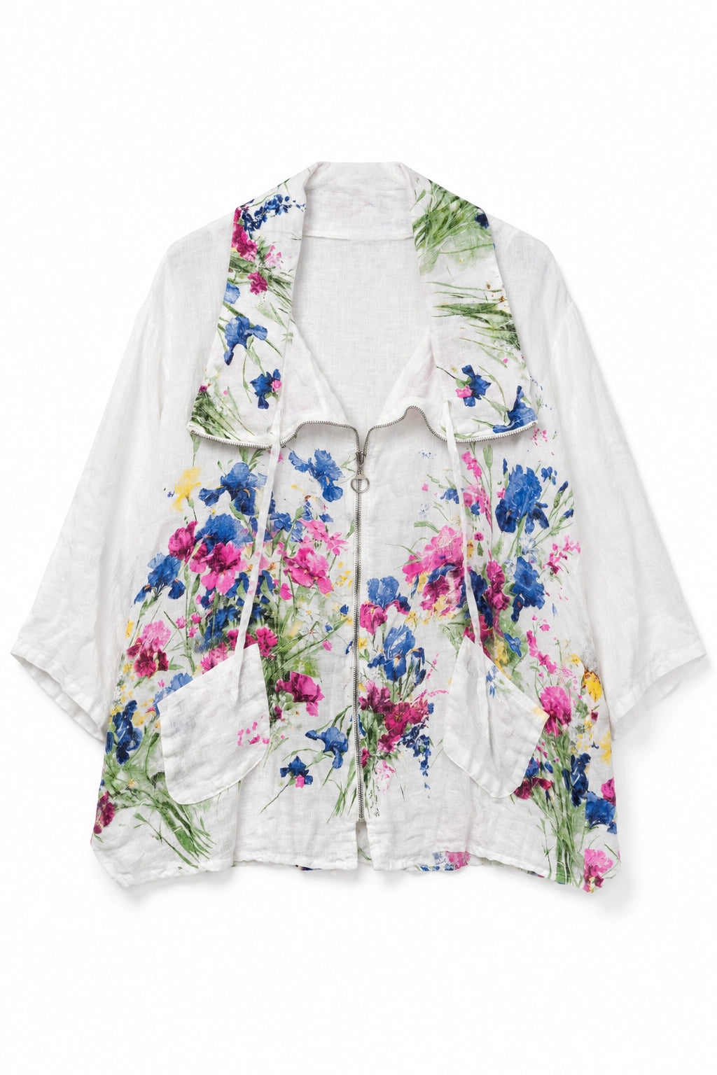A white lightweight open-front jacket featuring a vibrant watercolor floral print in pink, blue, green, and yellow, displayed against a solid white background.