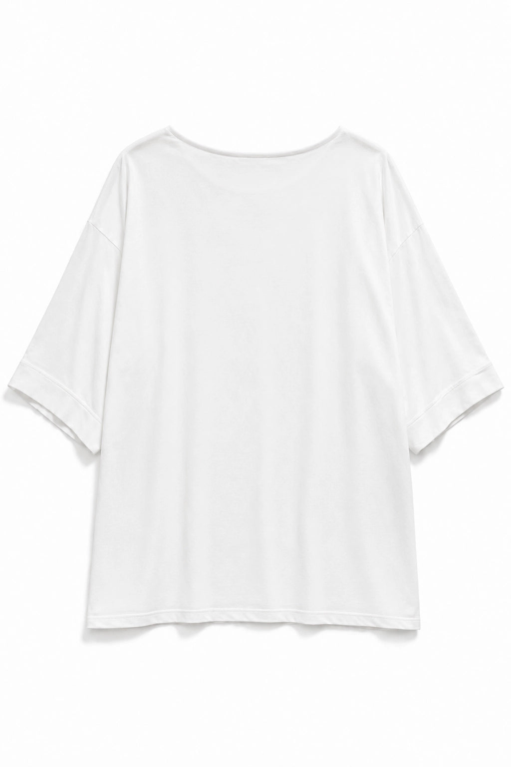 A white short-sleeve t-shirt with a relaxed, oversized fit and rolled cuffs, shown flat against a white background.