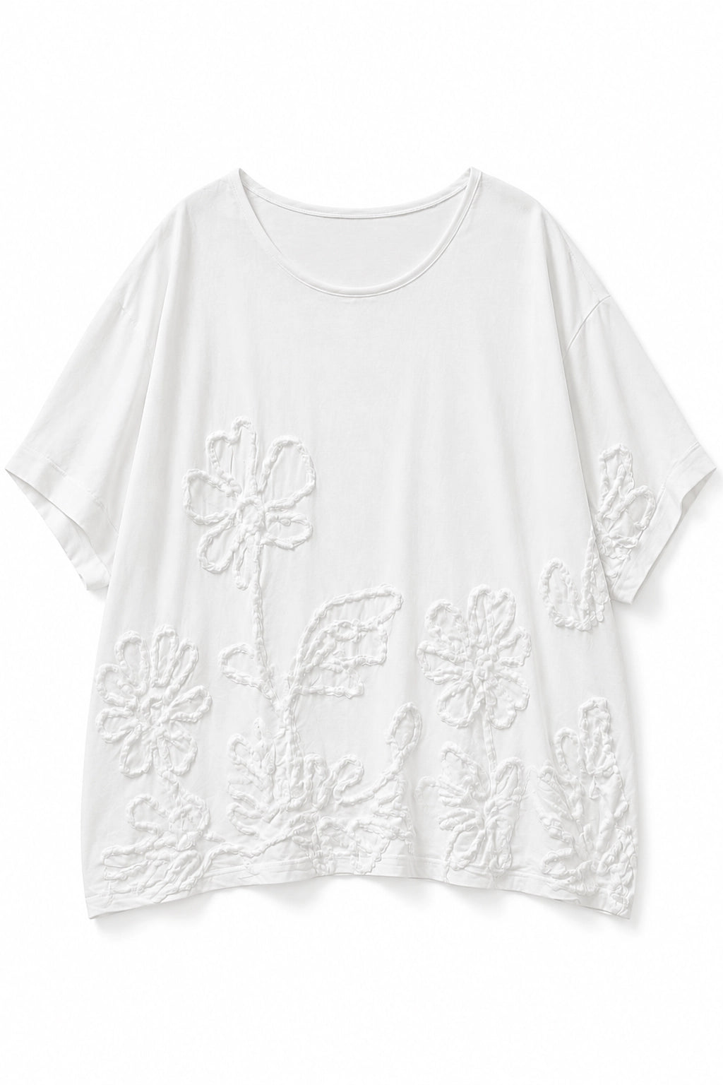 A white short-sleeve crewneck top with raised floral embroidery on the front, displayed flat against a white background.