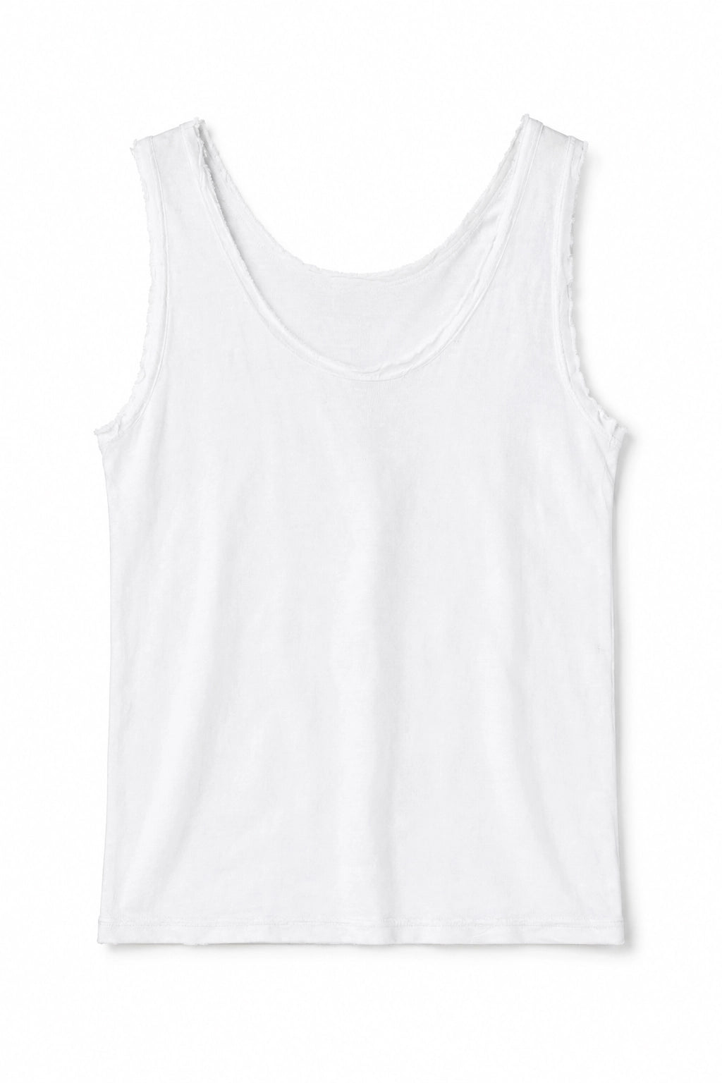 A plain white sleeveless tank top with a wide scoop neckline, shown flat against a white background.