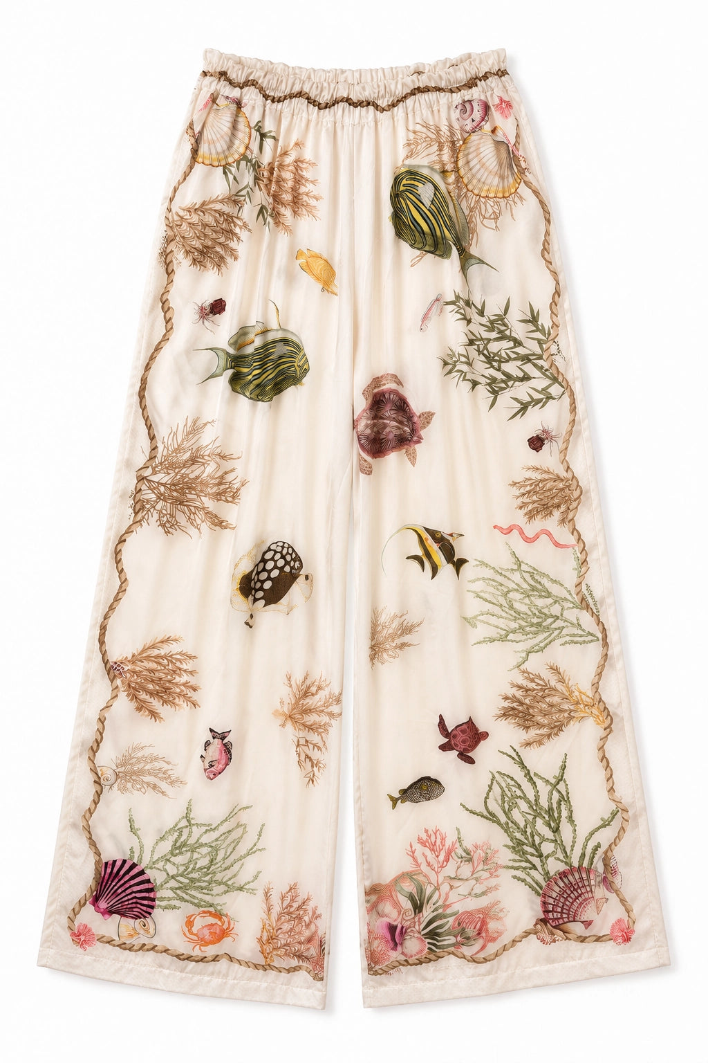 A pair of wide-leg cropped pants featuring an all-over embroidered underwater theme with sea turtles, fish, coral, and shells on a cream-colored base, finished with a gold embroidered border.