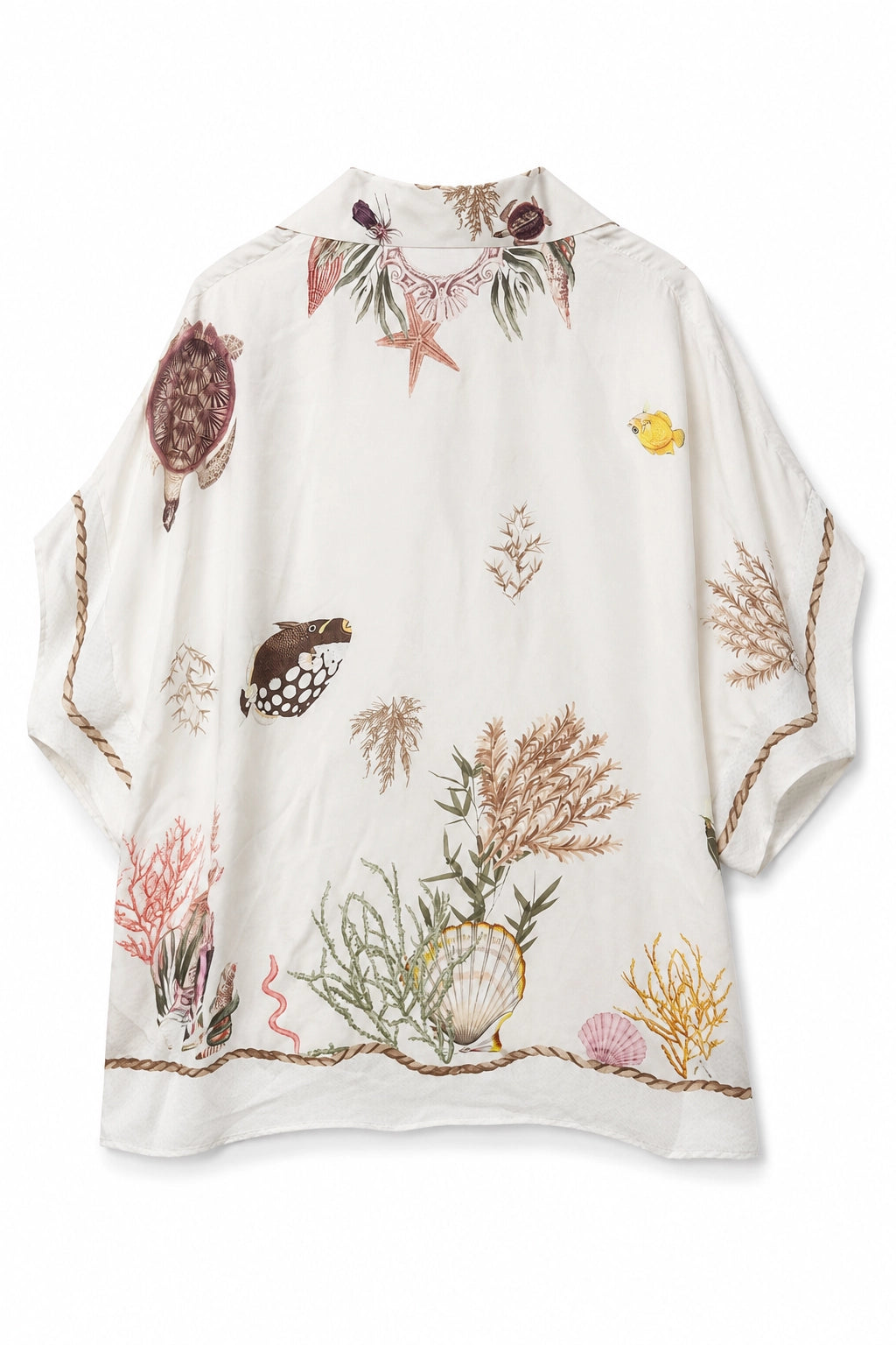 An off-white short-sleeve shirt with a detailed ocean-themed print featuring starfish, a turtle, a seashell, coral, and marine plants, finished with a rope-patterned hem and sleeve trim.