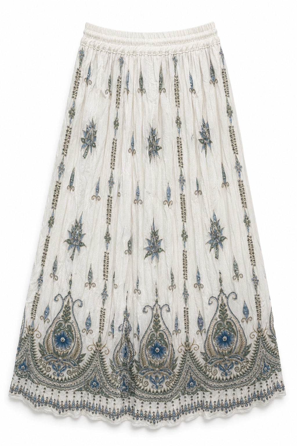 An off-white pleated midi skirt featuring intricate blue and gray embroidered paisley and floral patterns, with a scalloped lace hem.