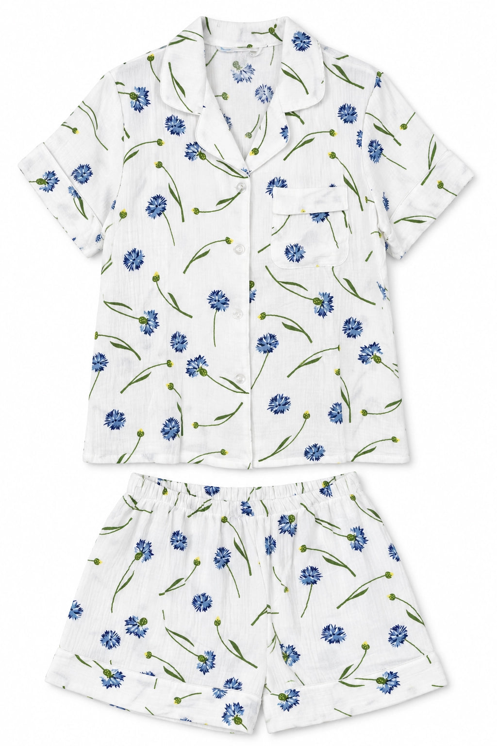 White and Blue Floral Cotton Short PJ Set