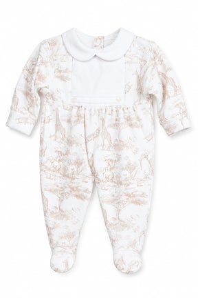 Baby onesie with lace design and white collar on a white background