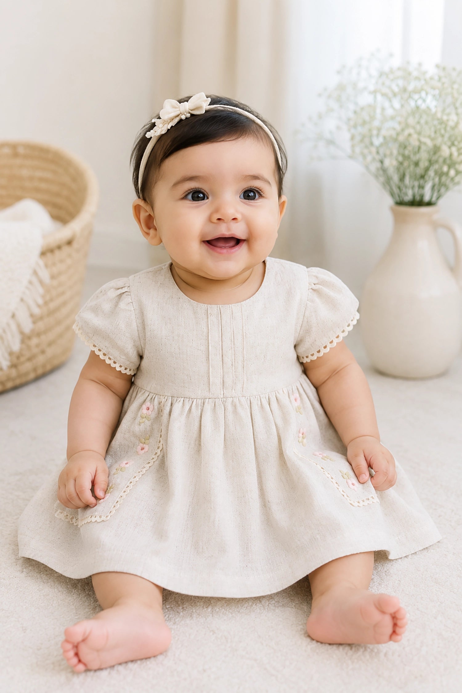 Baby in a white dress sitting on a light-colored floor with a neutral background