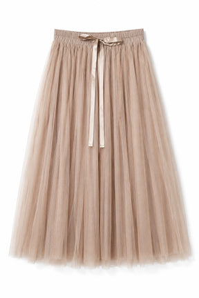 Beige tulle skirt with a ribbon on a white background