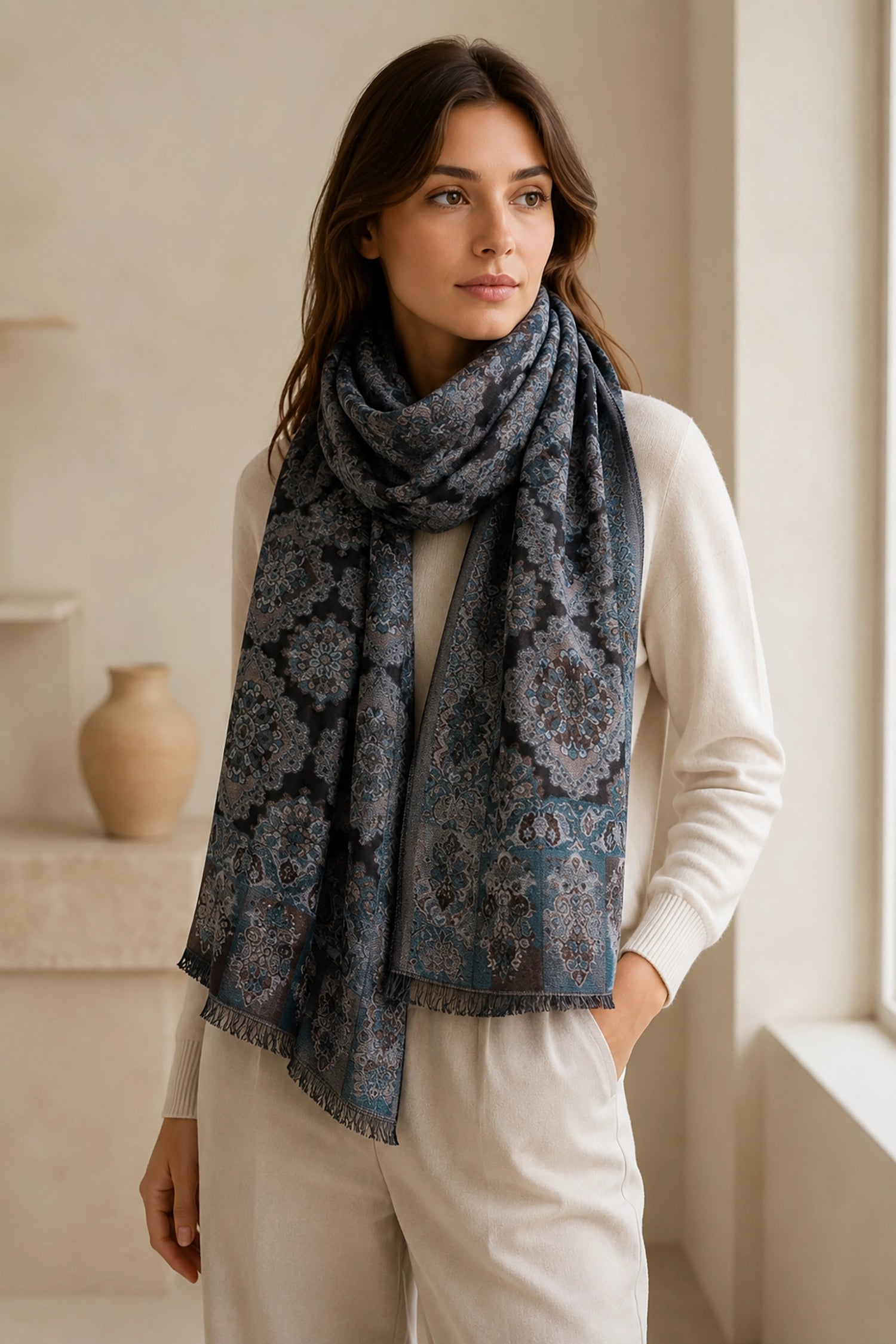 Woman wearing a patterned scarf in a neutral indoor setting