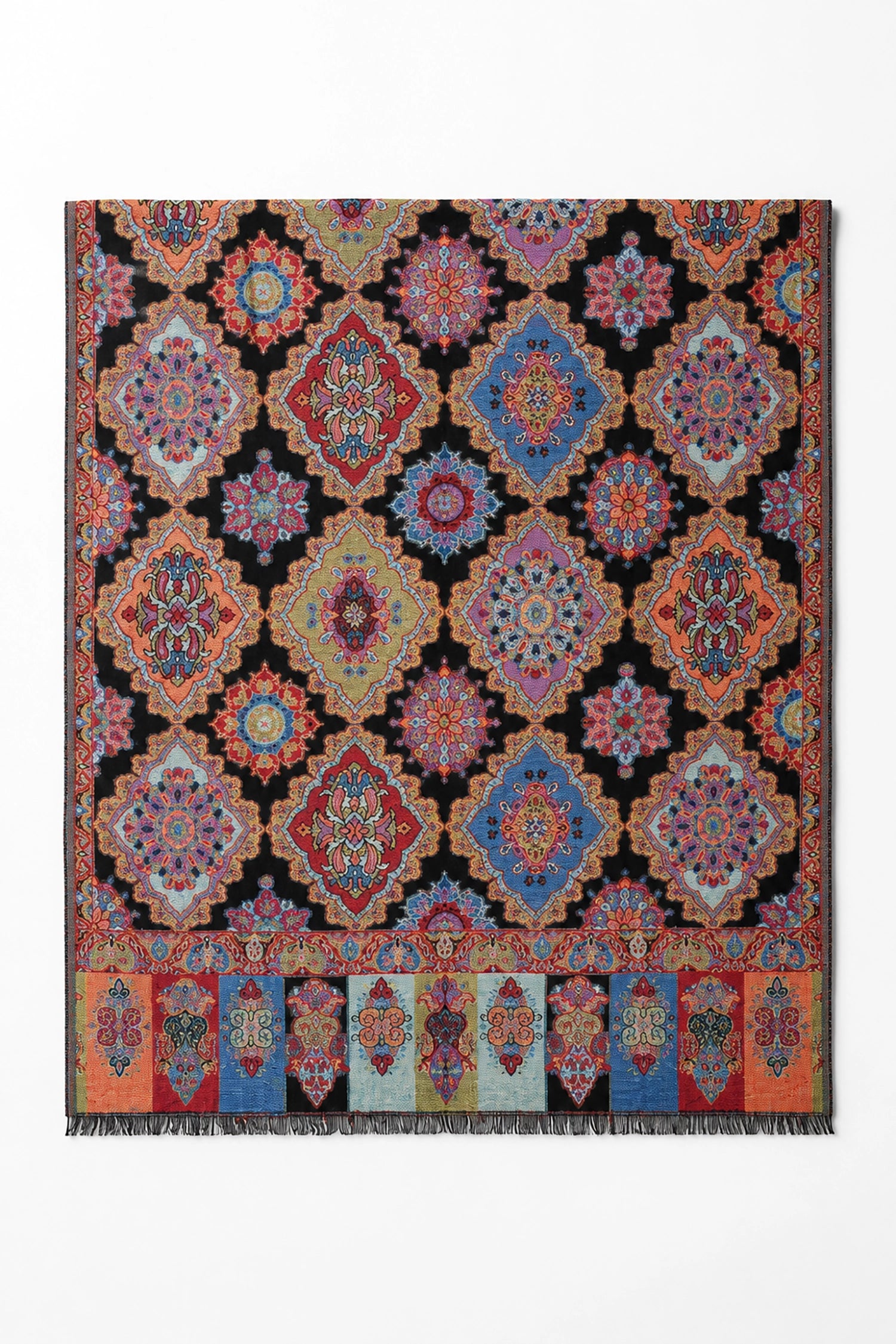 Decorative blanket with a colorful geometric pattern on a white background