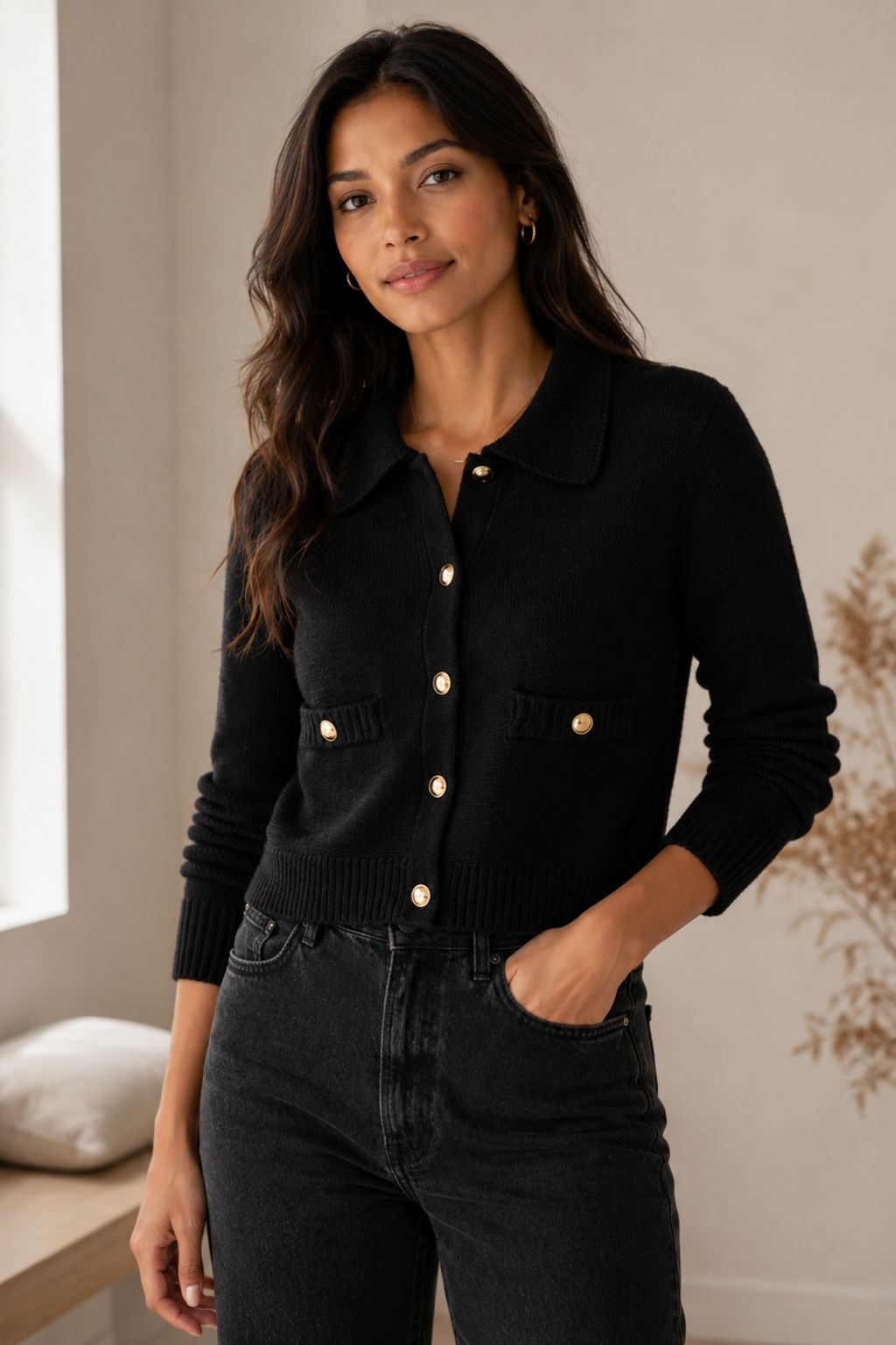 Woman wearing a black cardigan with gold buttons in a neutral setting