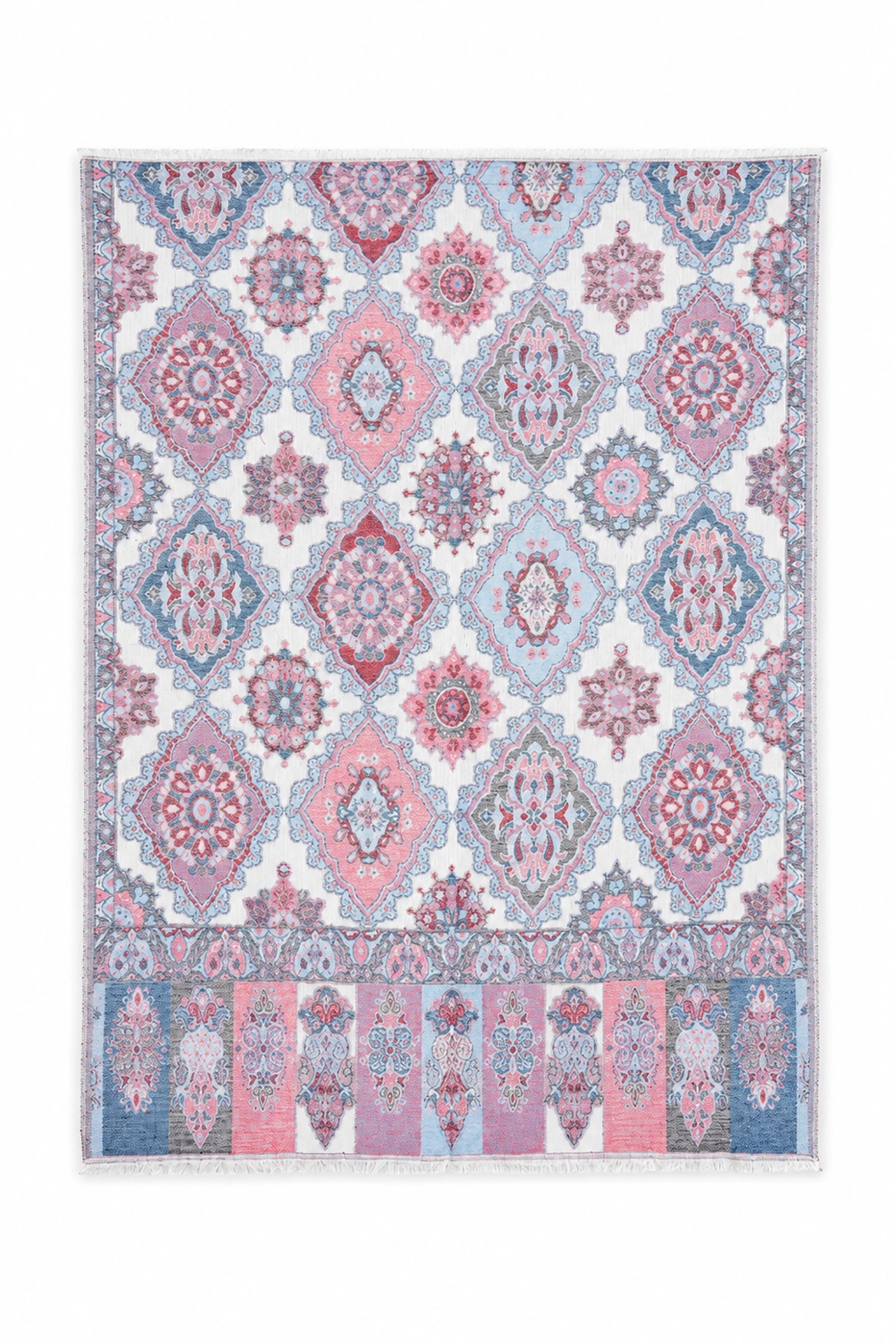 Decorative scarf with a geometric pattern in pink, blue, and white on a white background