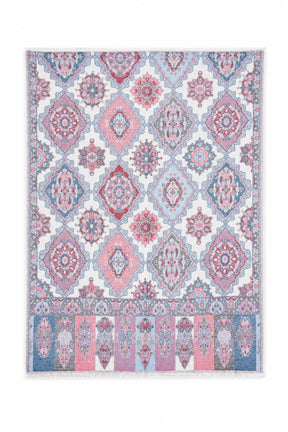 Decorative scarf with a geometric pattern in pink, blue, and white on a white background
