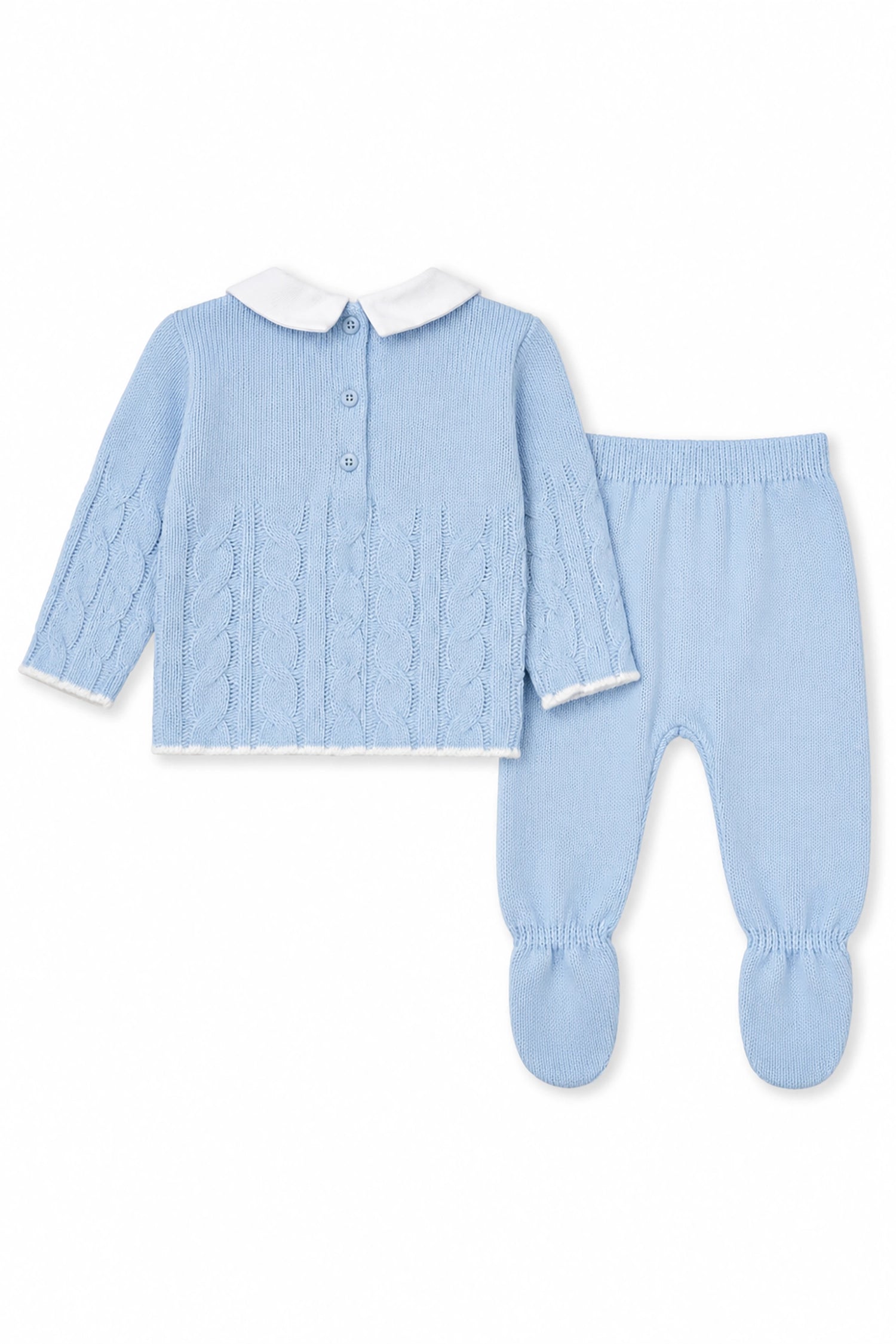 Light blue baby outfit with a jacket and pants on a white background