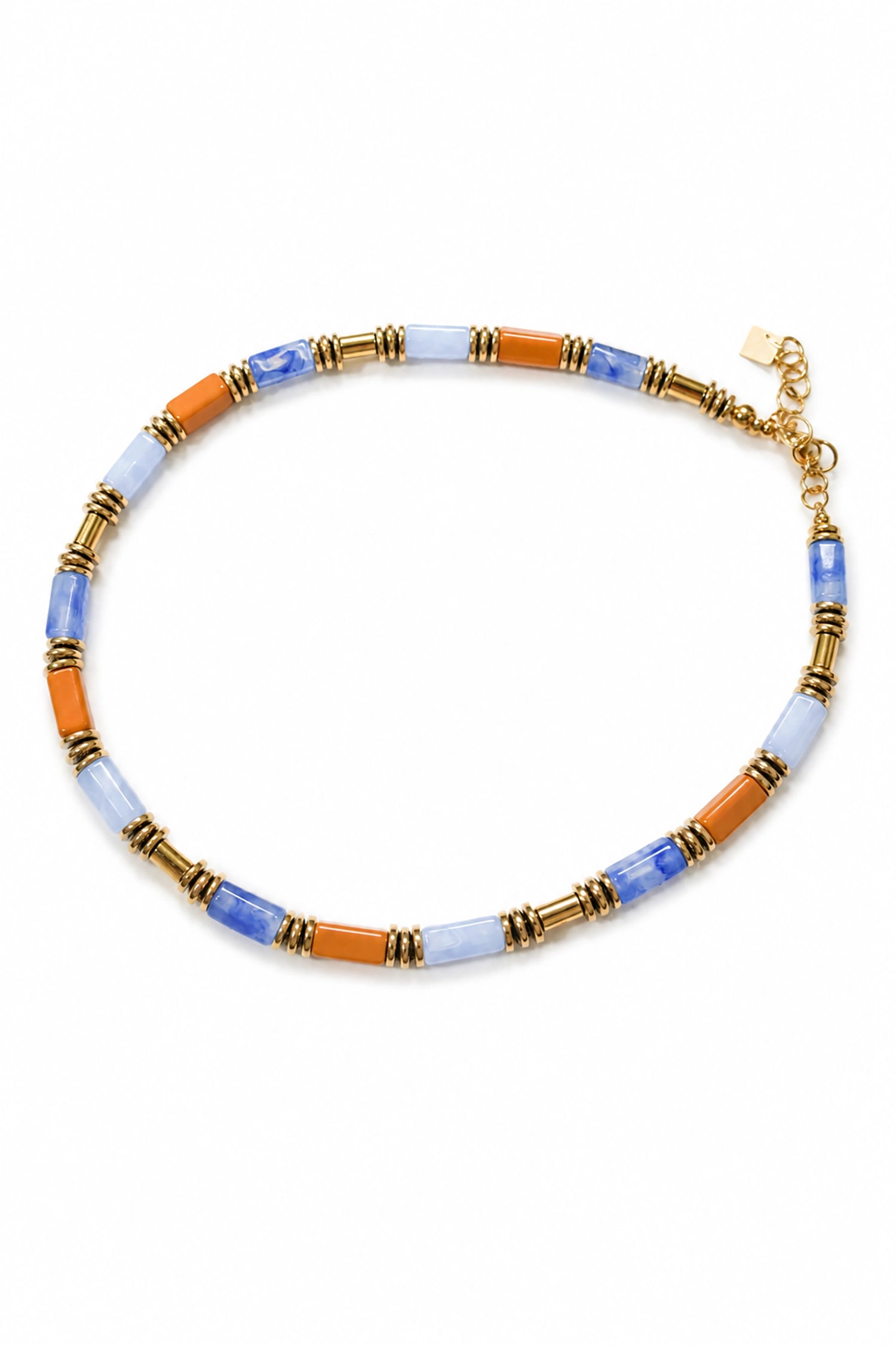 Necklace with multicolored beads on a white background