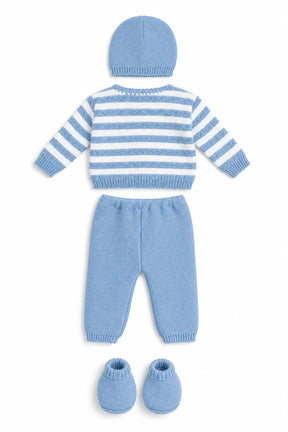 Blue baby outfit with striped sweater, pants, and booties on a white background