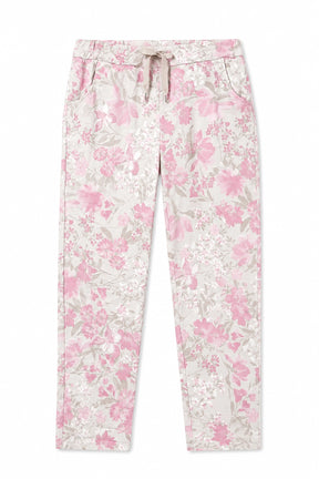 Floral pajama pants with pink flowers on a white background