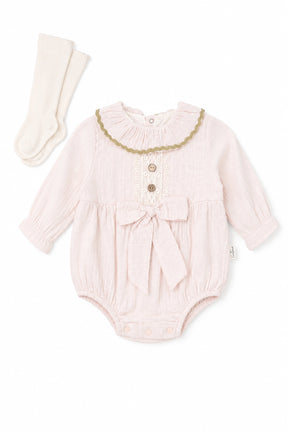 Pink baby romper with ruffled collar and buttons, paired with white tights on a white background