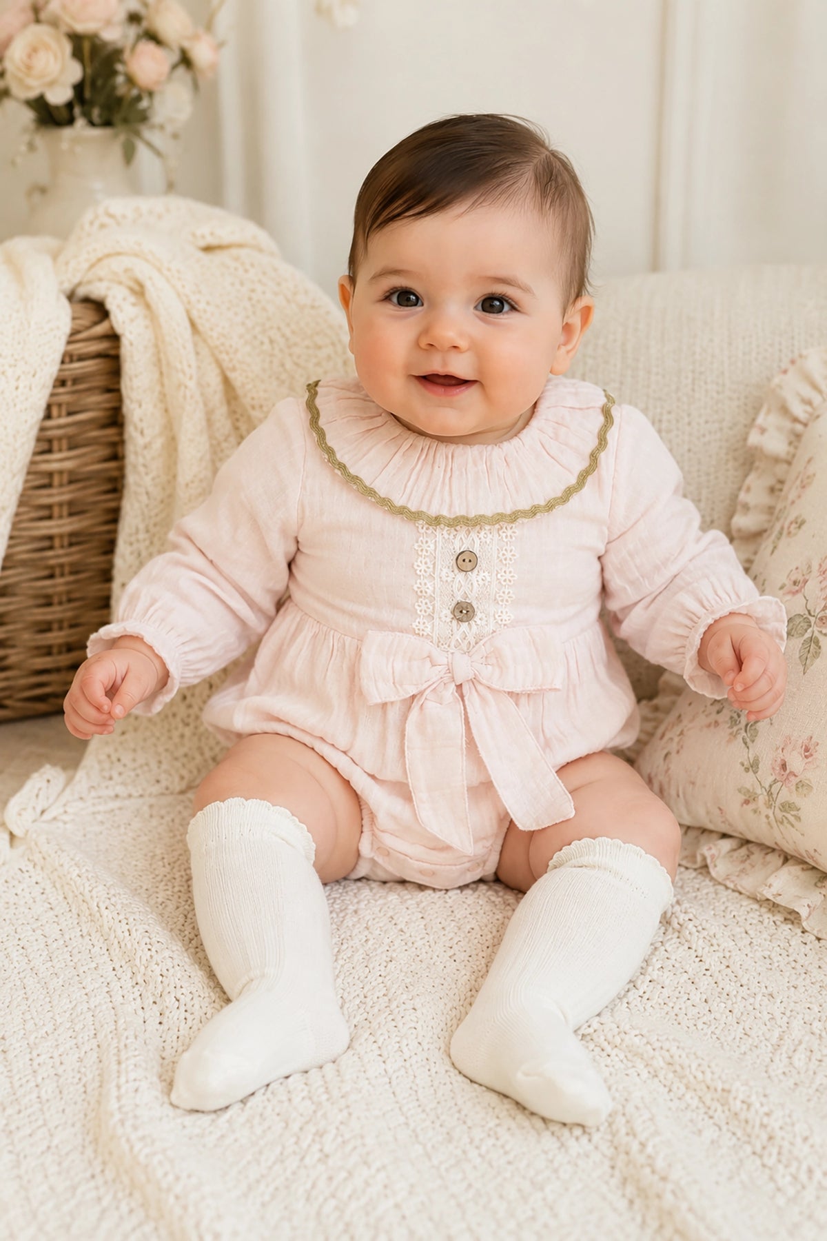 Baby in a pink outfit sitting on a soft surface with a blurred background