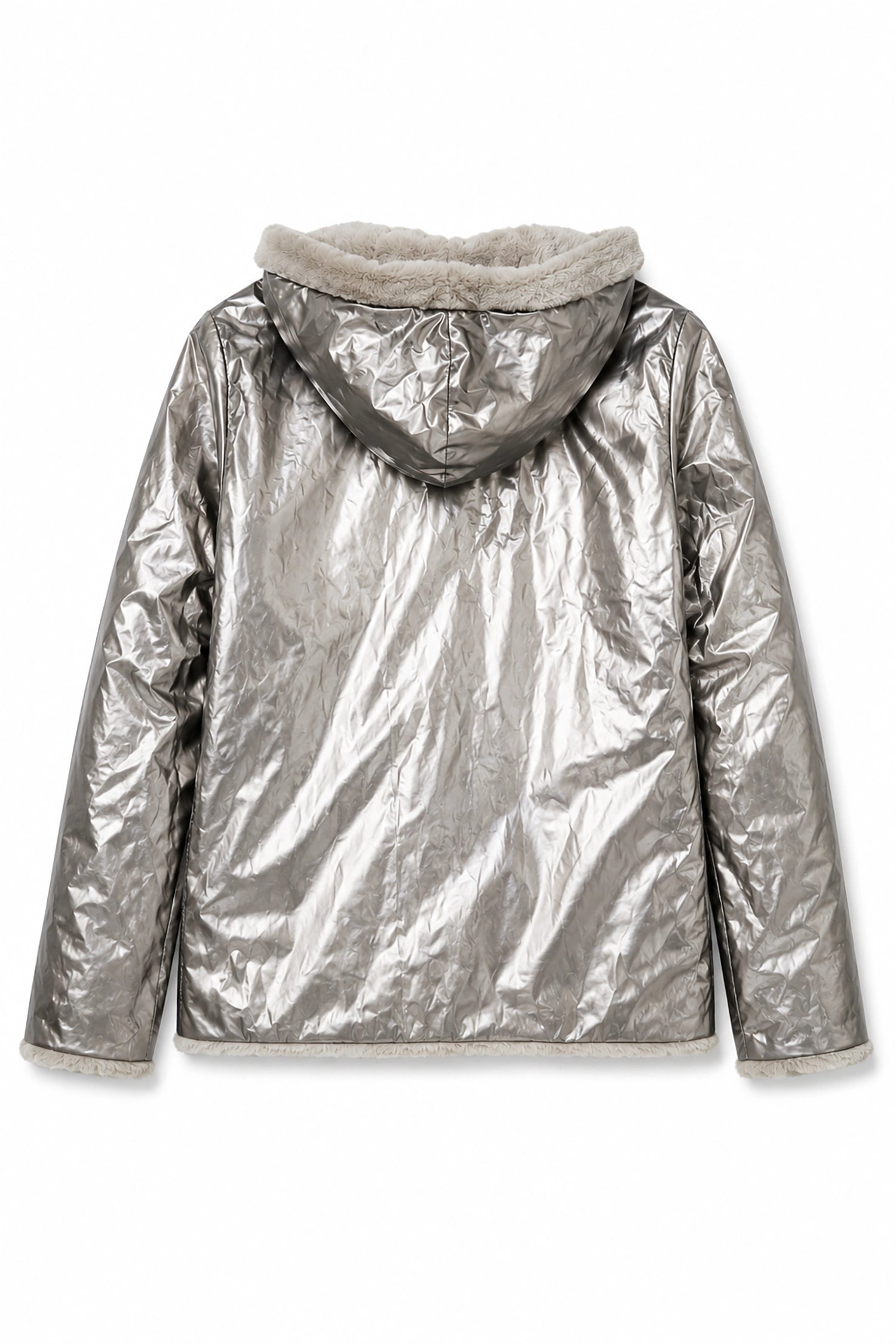 Silver metallic jacket with hood on a white background