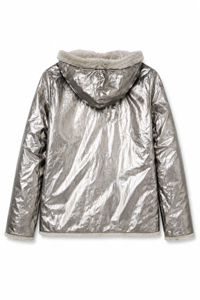 Silver metallic jacket with hood on a white background