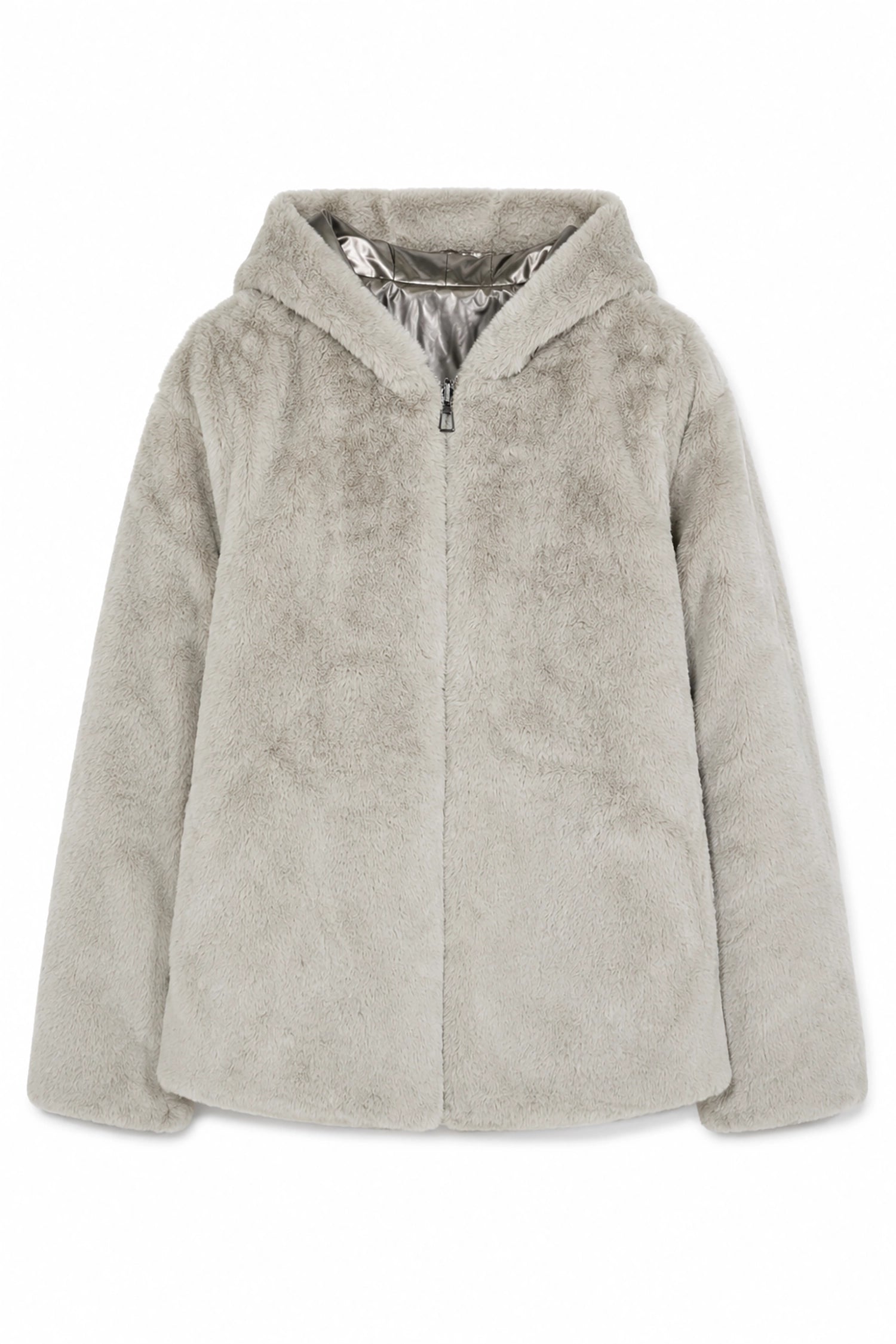 Gray fleece jacket with a hood on a white background