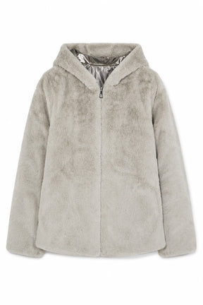 Gray fleece jacket with a hood on a white background
