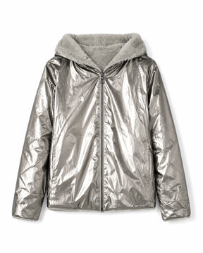 Silver metallic jacket with a hood on a white background