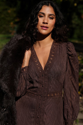 Woman wearing a dark brown lace dress with a fur coat in a forest setting