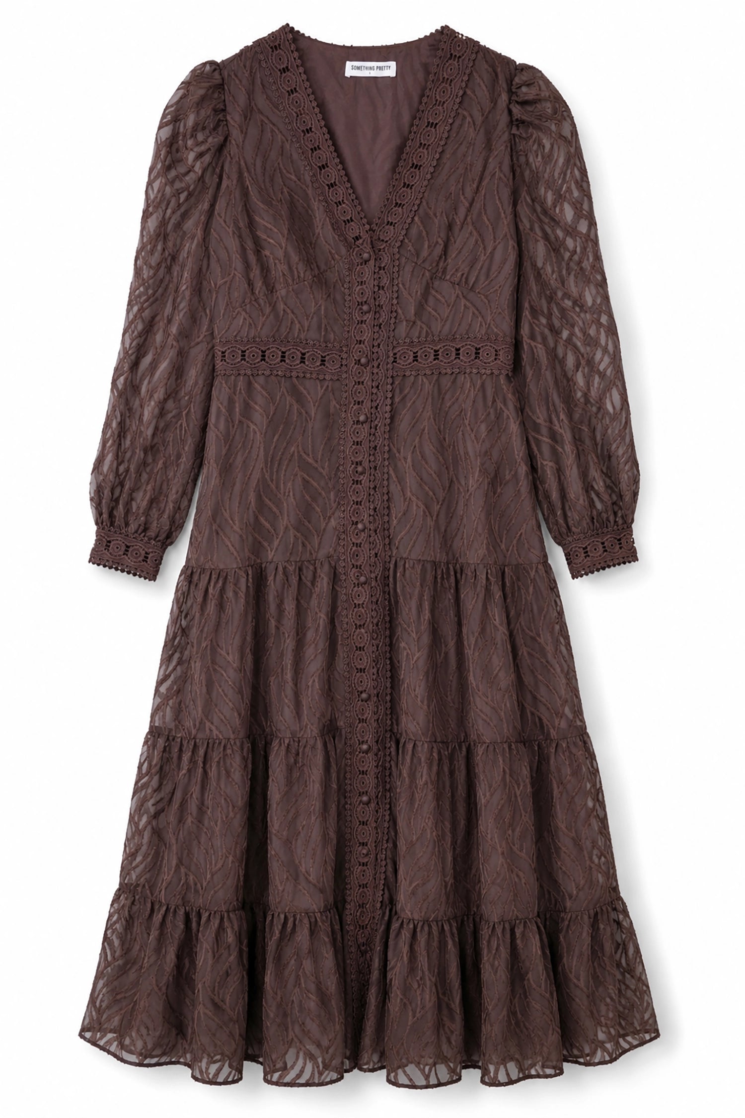 Brown lace dress with long sleeves on a white background