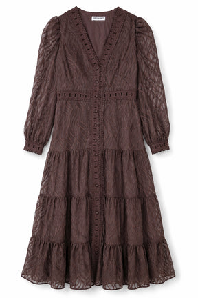 Brown lace dress with long sleeves on a white background