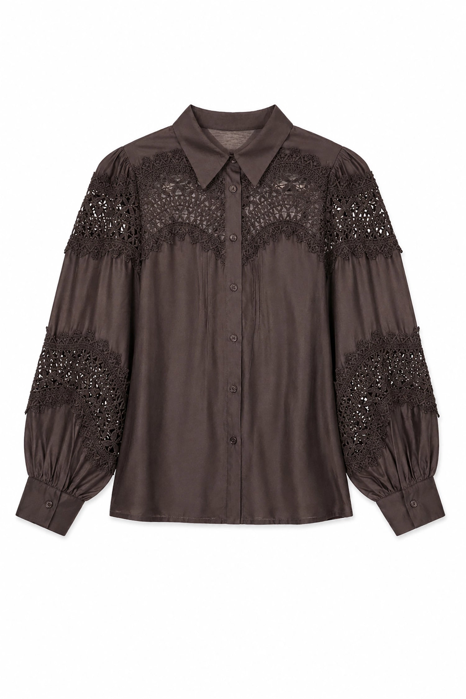 Brown blouse with lace and embellishment details on a white background