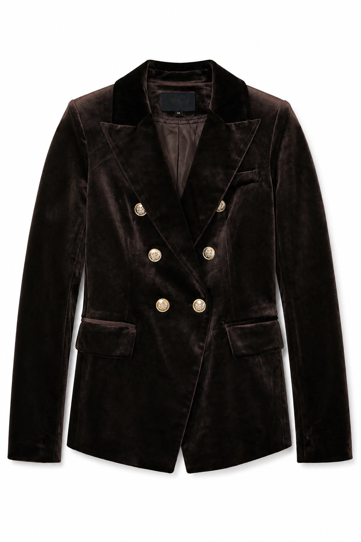 Brown velvet blazer with gold buttons on a white background