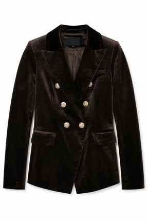 Brown velvet blazer with gold buttons on a white background