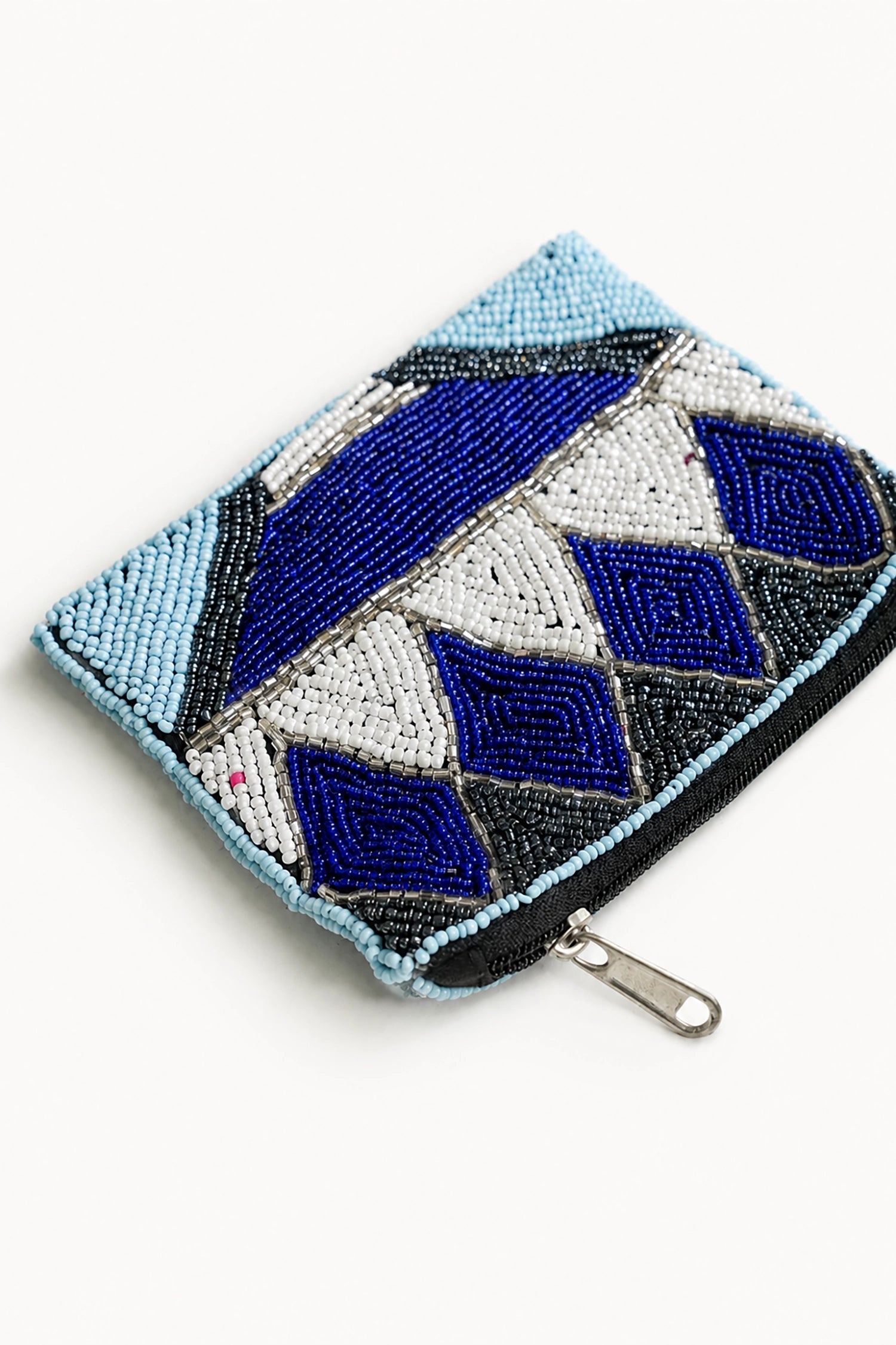 Beaded wallet with blue, white, and black geometric pattern on a white background