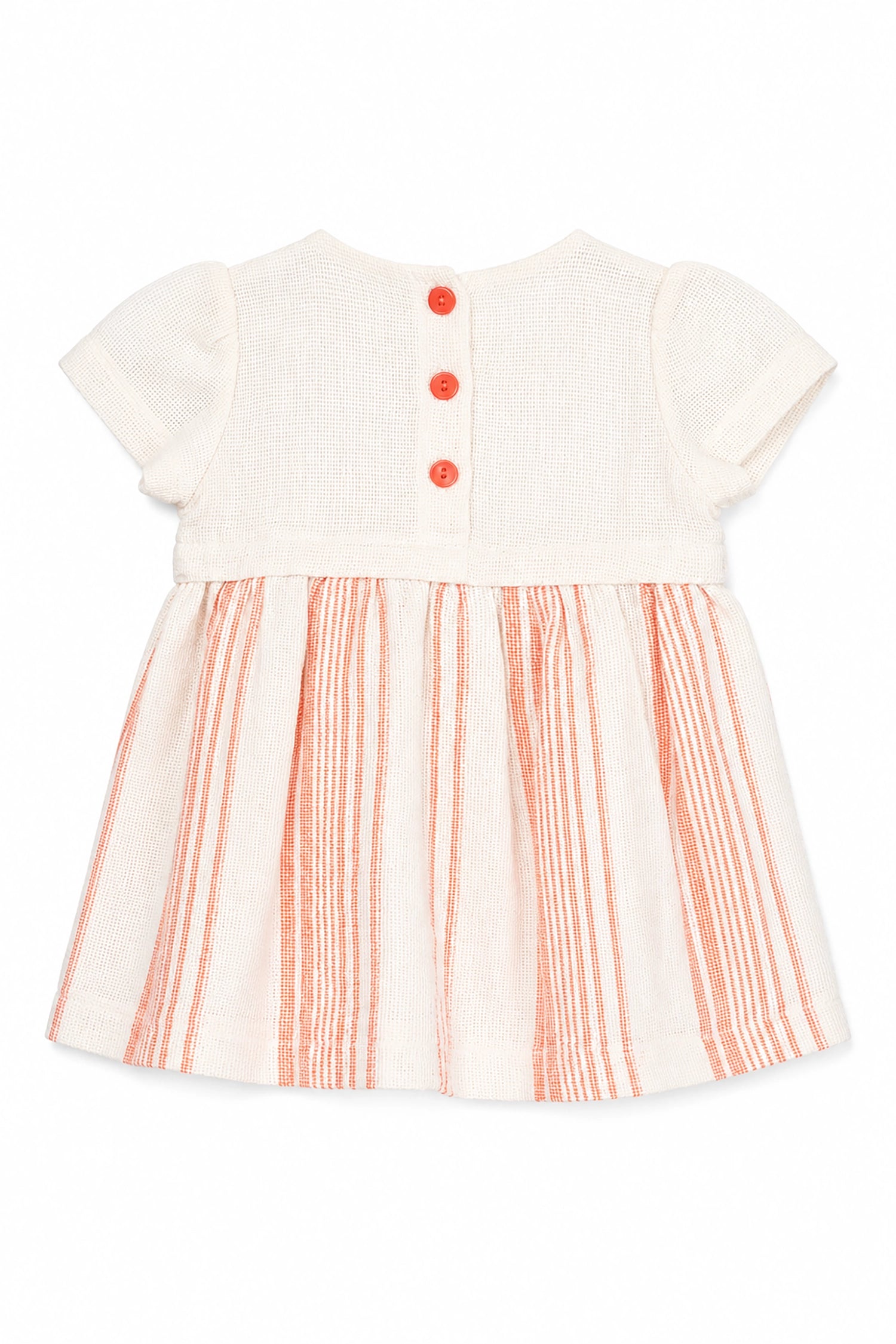 White dress with orange stripes and buttons on a white background