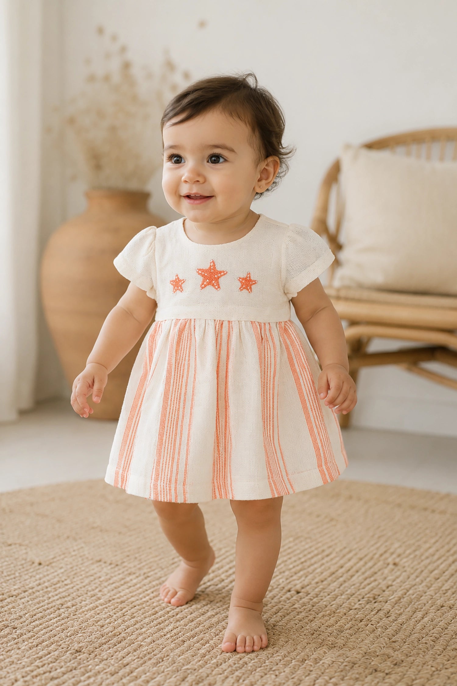 Baby in a white dress with orange stars and stripes standing on a textured surface.