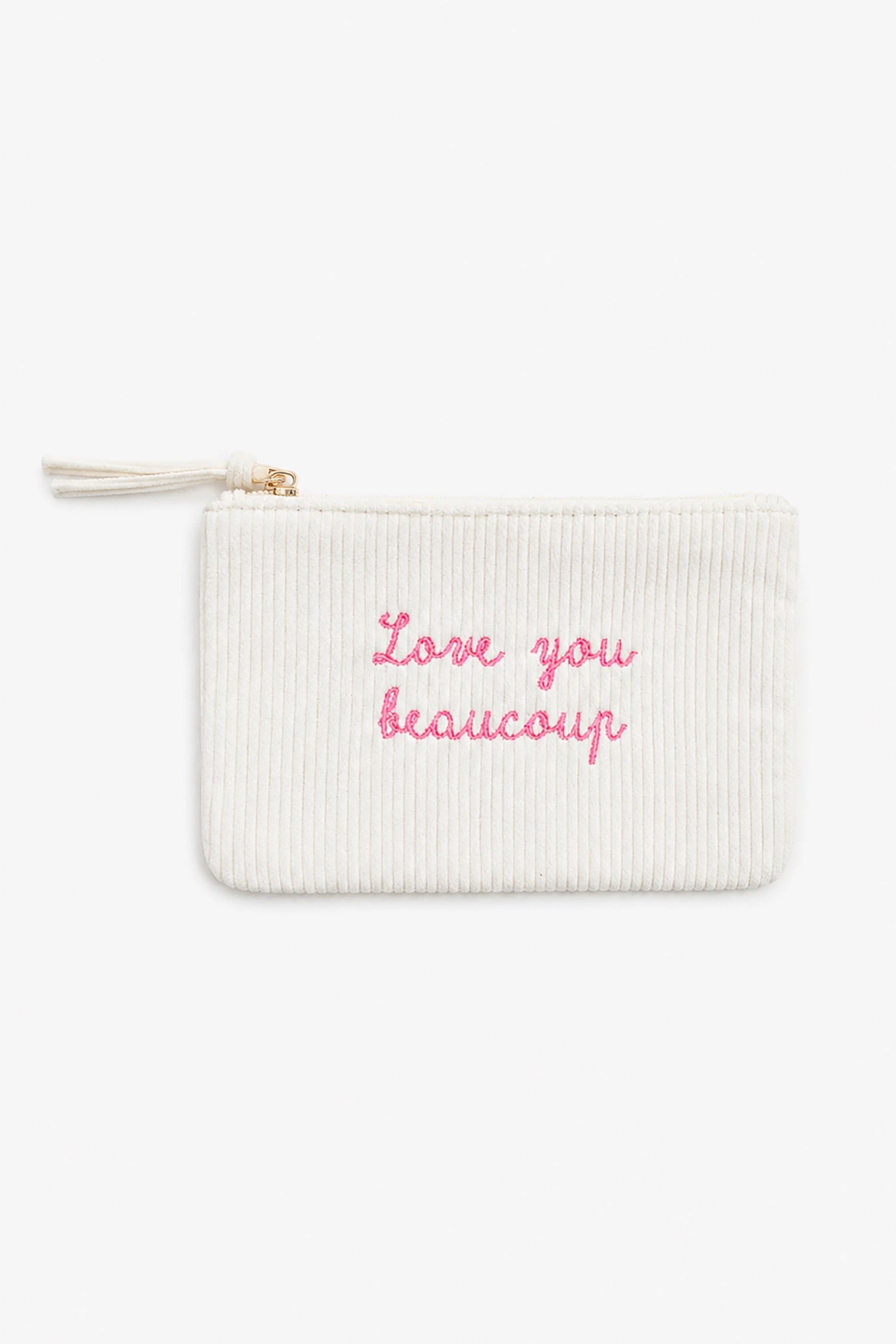 White pouch with pink text 'Love you beaucoup' on a white background