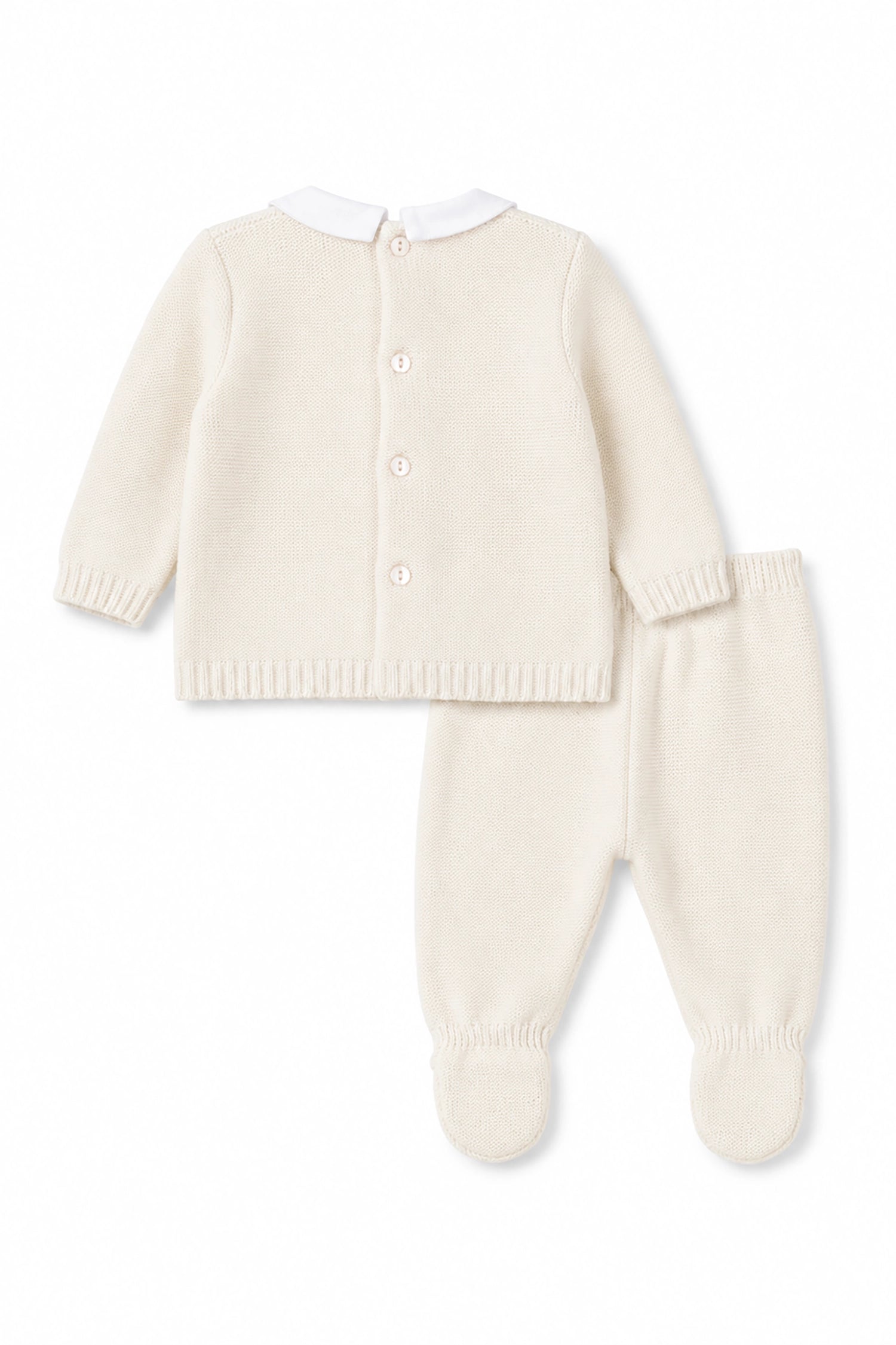 Cream-colored baby outfit with a cardigan and matching pants on a white background